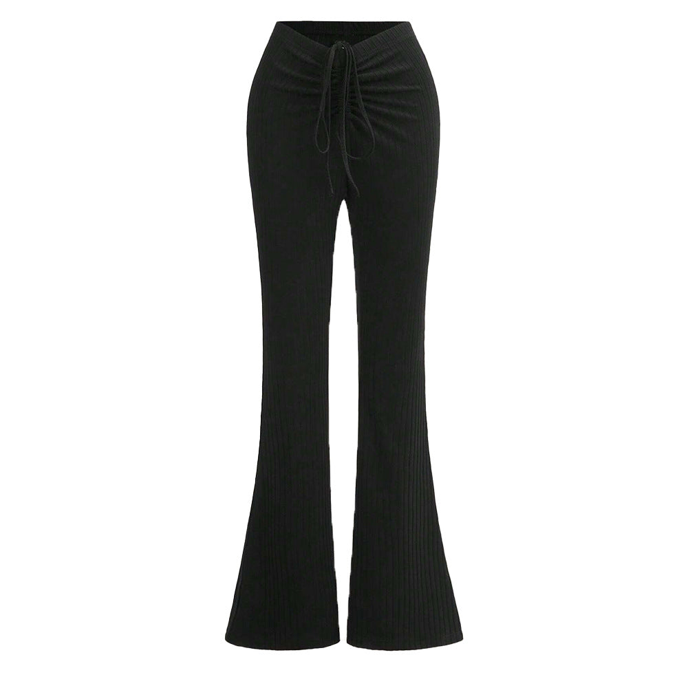 Pantalon à panneaux côtelés pour femmes avec taille haute et cordon de serrage latéral Chic & Stil