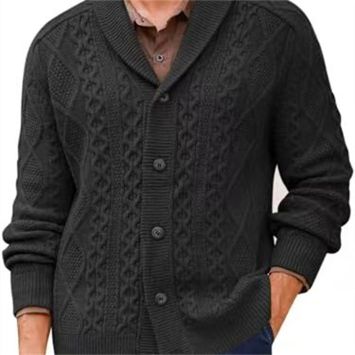 Men's knitted jacket with a clear braid pattern and a modern high collar Lune London