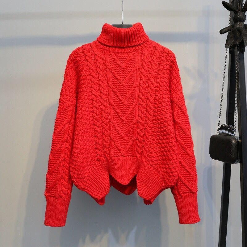Thick knit pullover for women with high collar and cable pattern Lune London