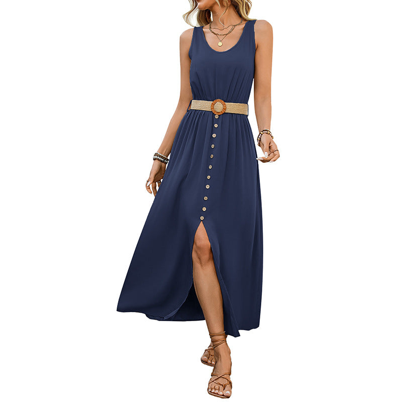 Maxi button dress for ladies with high slit detail Lune London