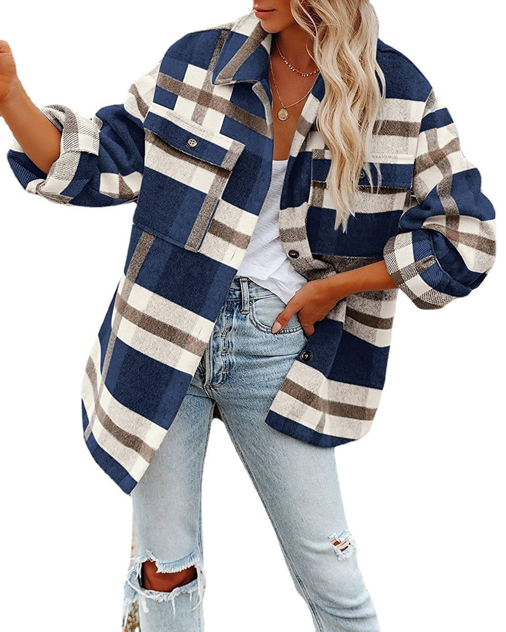 Chic and Stylish Women's Flannel Jacket with Plaid Pattern