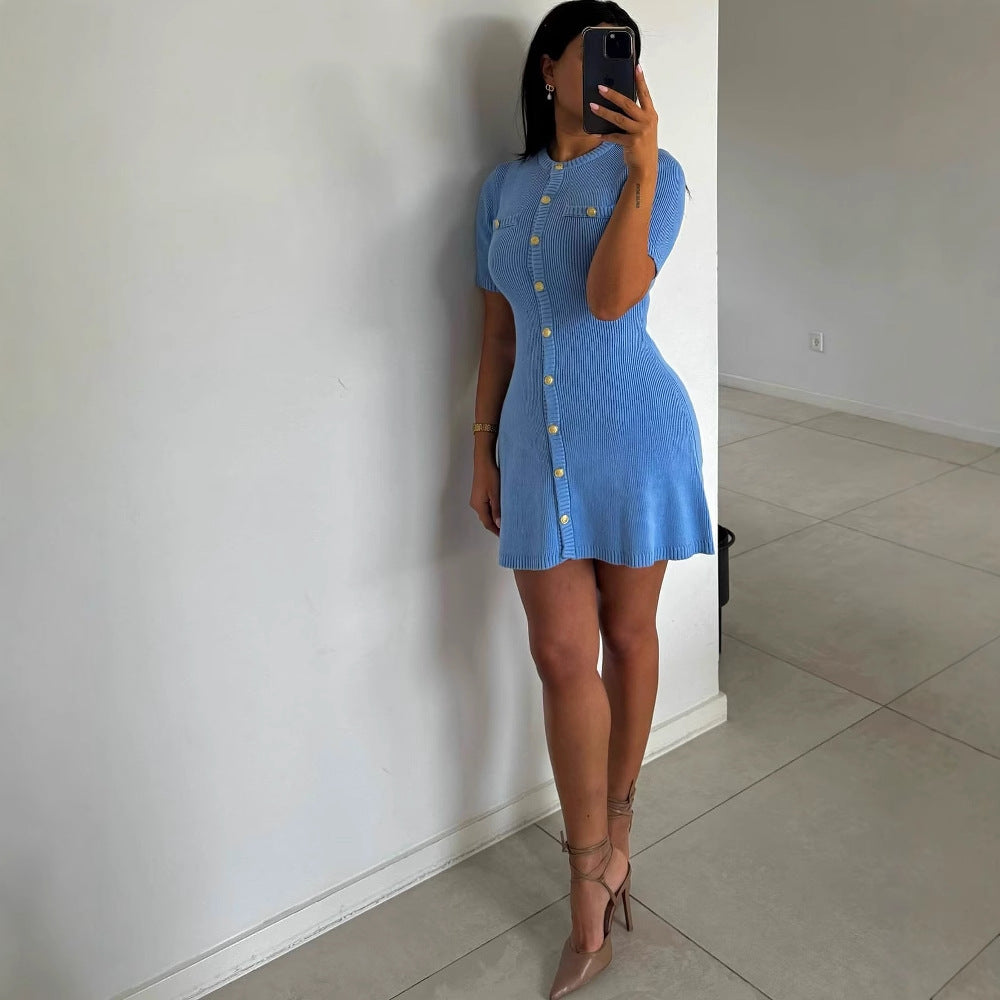 Women's knitted dress with short sleeves and button placket Lune London