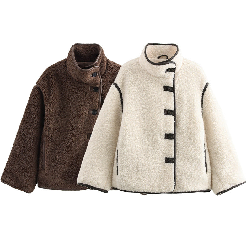 Ladies cozy fleece jacket with high collar and decorative button details Lune London