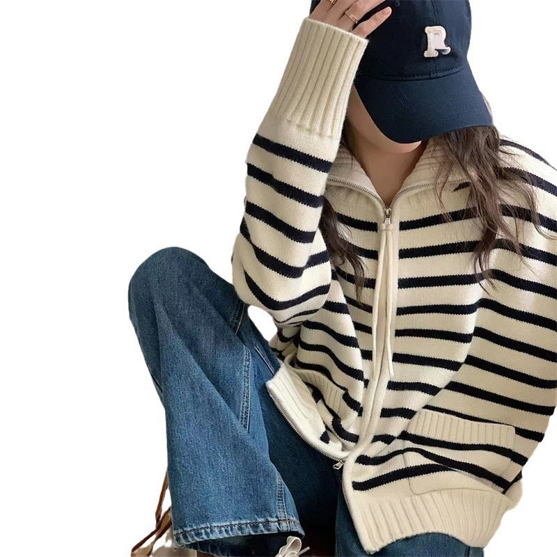 Women's knitted jacket with a modern striped pattern and practical pockets Lune London