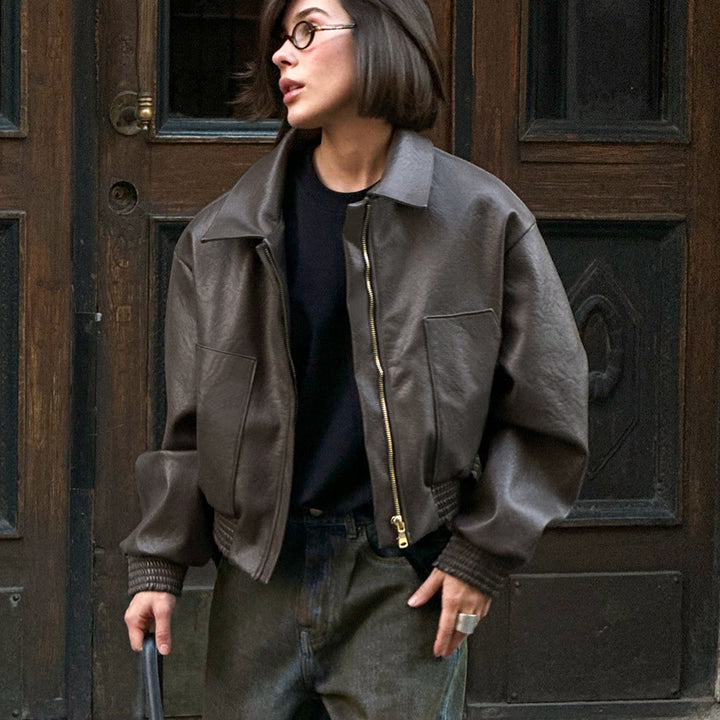 Trendy synthetic leather jacket for women in an oversized style with elastic belt Lune London