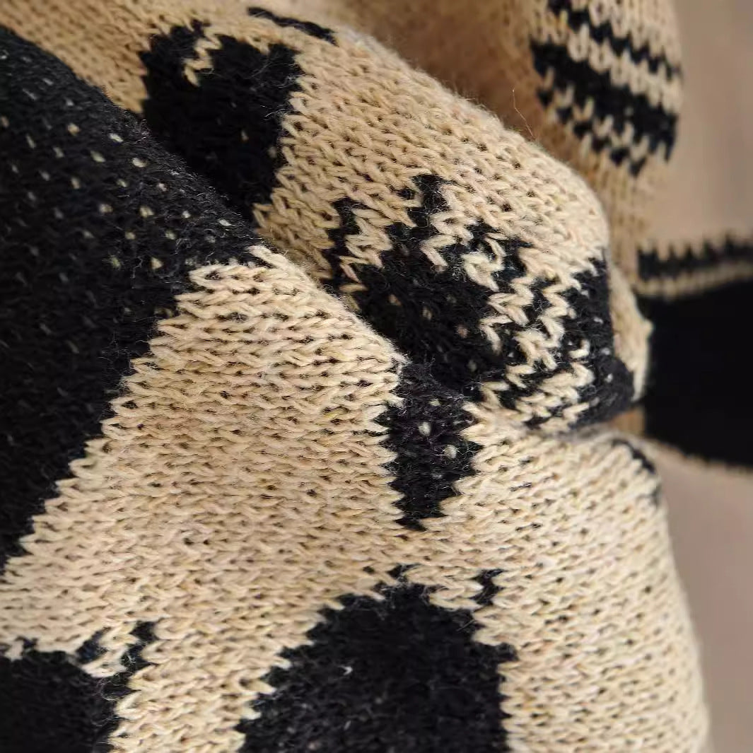 Ladies chunky knit cardigan with trendy leopard print and practical pockets Lune London
