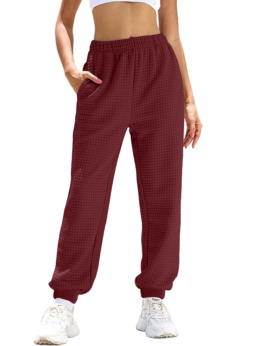 Women Comfortable Waffle Texture Sweatpants with Elastic Waist and Side Pockets Lune London