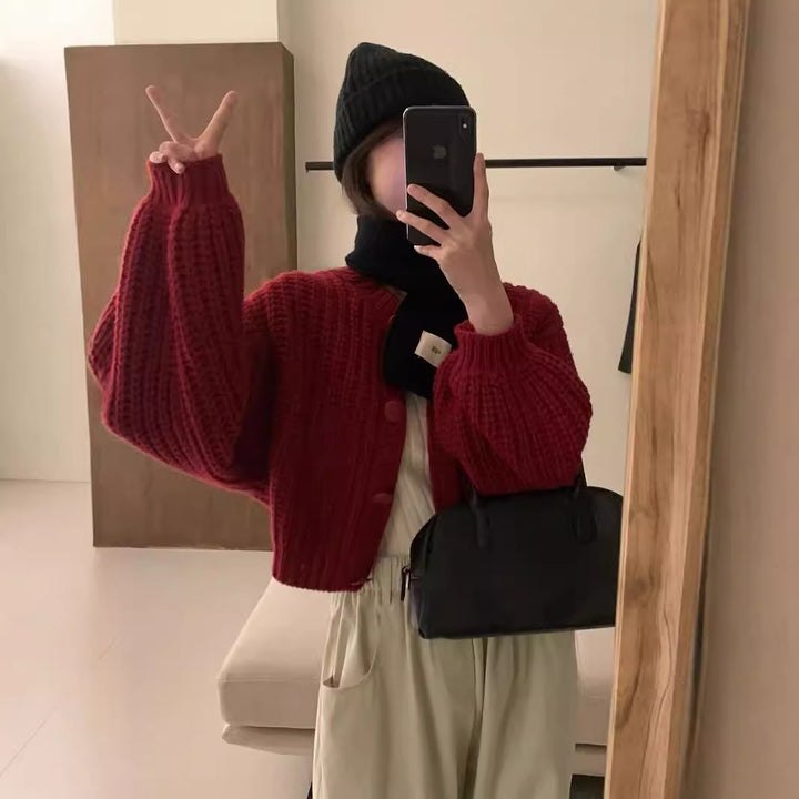 Thick knit jacket for women with oversized sleeves and button details Lune London