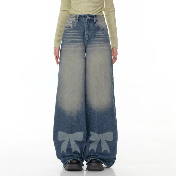 Women's Wide Denim Pants with Exciting Bow Details Lune London