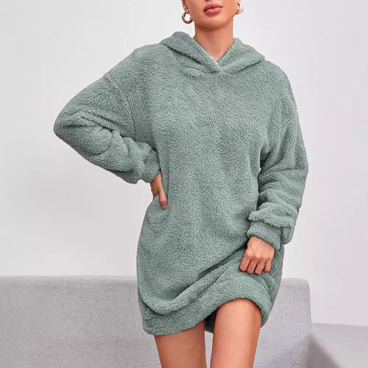 Fleece hoodie dress for women with hood and practical pockets Lune London