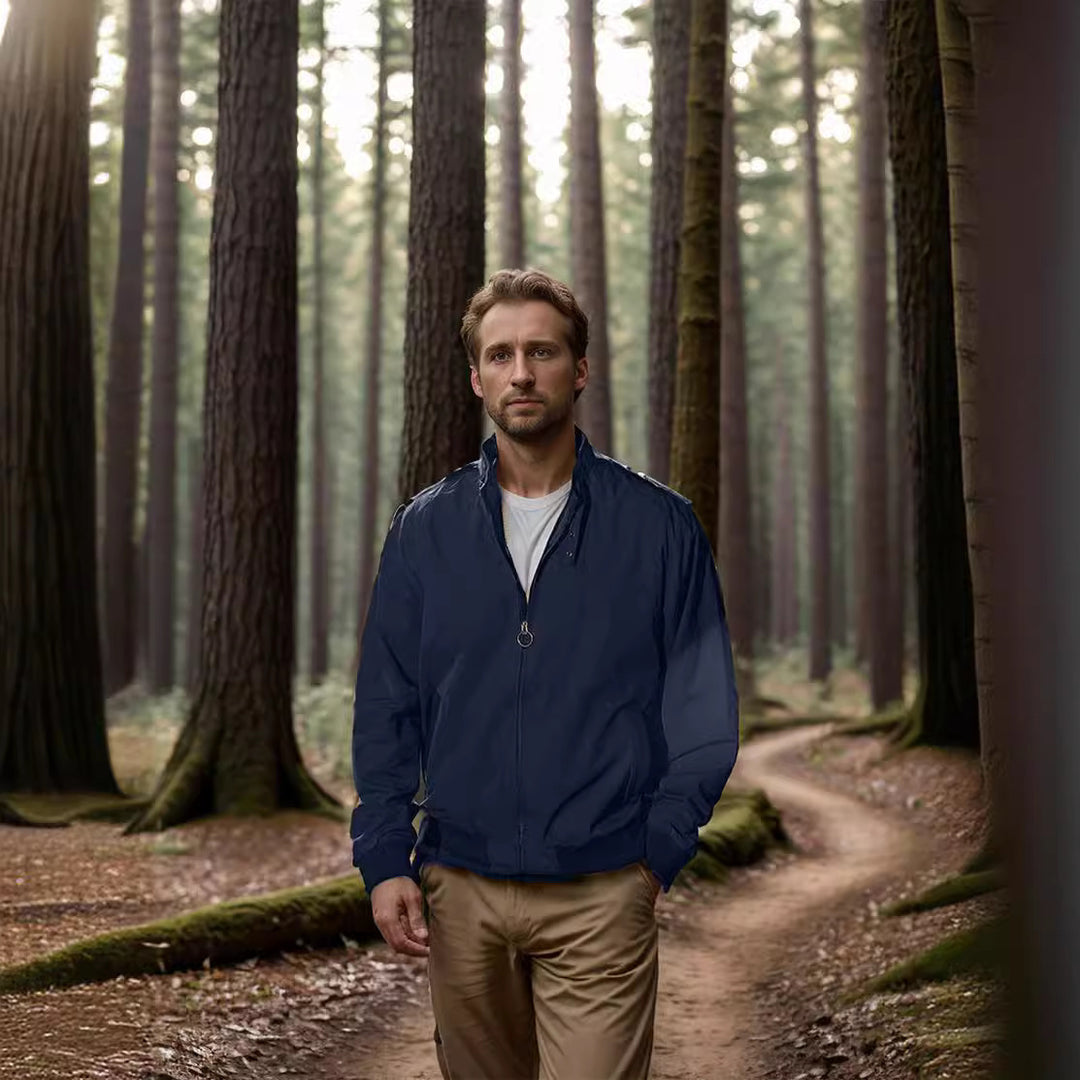 Versatile transition jacket for men with practical pockets and modern high collar Lune London