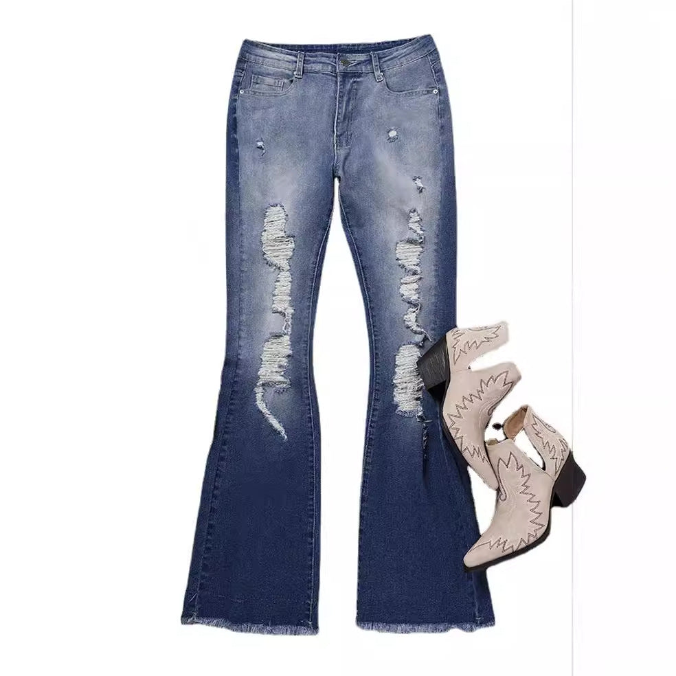 Women's flared jeans with distressed effects and frayed hem Lune London