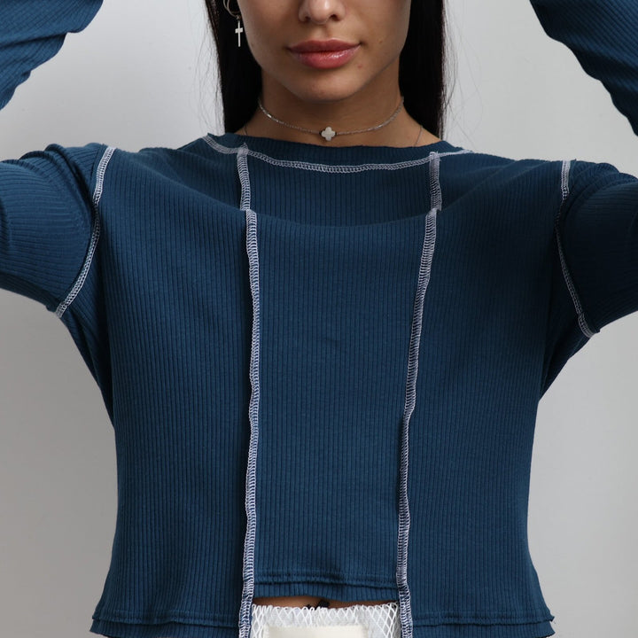 Casual long-sleeve top for women with a ribbed texture inspired by retro years and contrasting seams Lune London