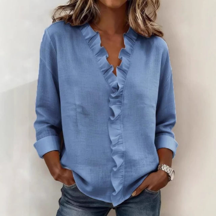 Women's romantic blouse with ruffle details and V-neck Lune London