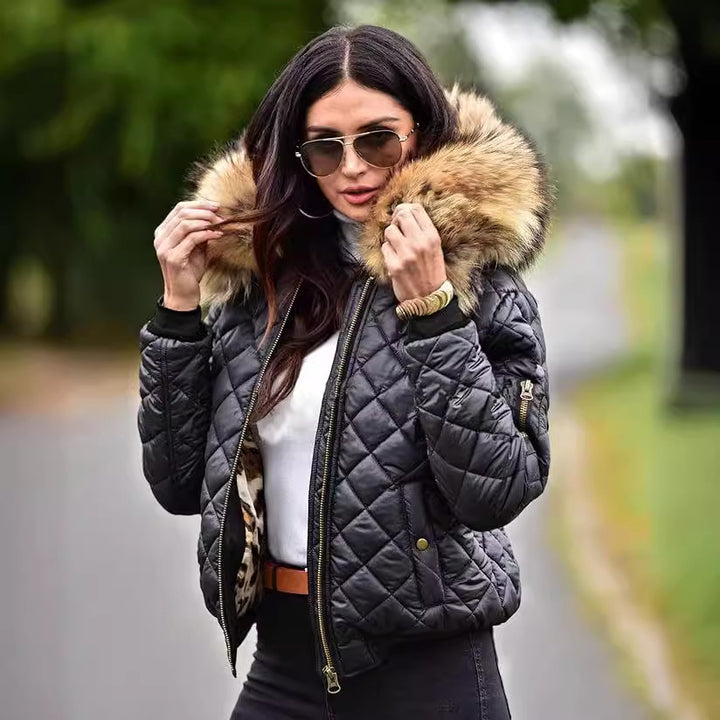 Ladies Urban Quilted Jacket with Soft Plush Collar Lune London