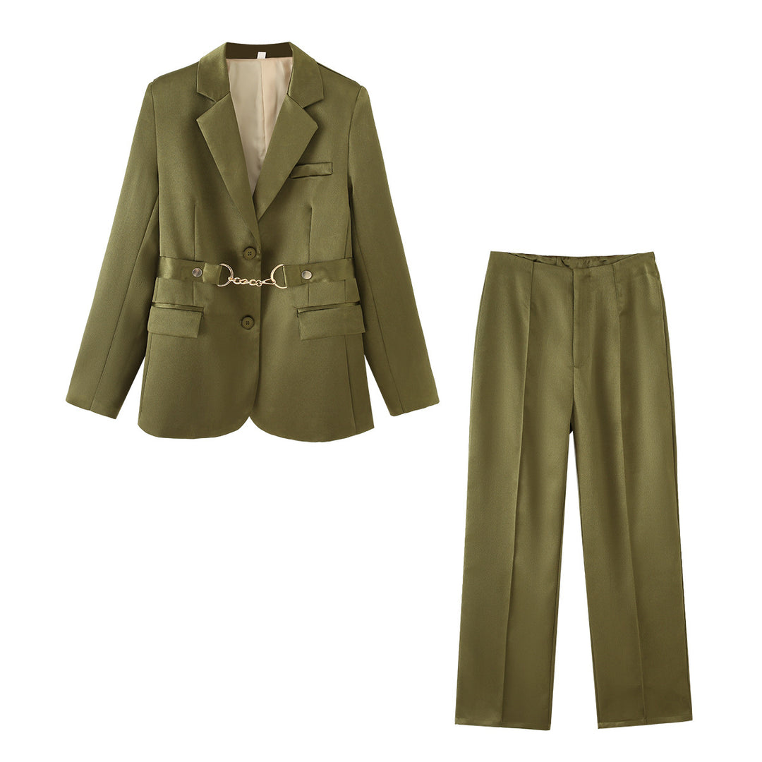 Ladies elegant satin blazer suit with chain accent Lune London