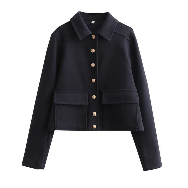 Trendy short jacket for women in structured wool material with practical flap pockets Lune London