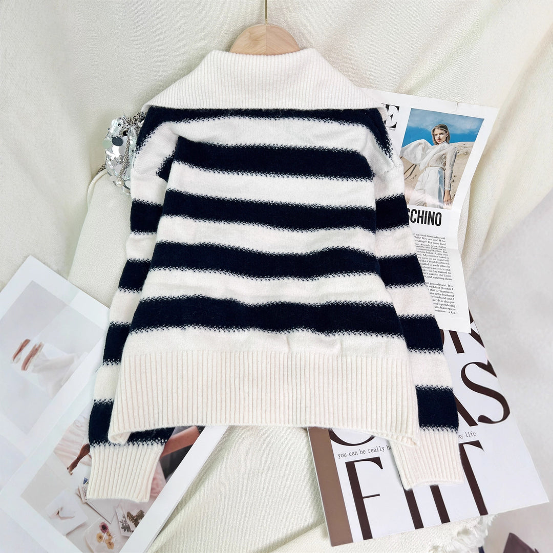Pull rayé pour femmes avec col polo moderne et taille élastique Chic & Stil