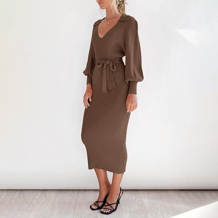 Knit dress for women with a waist belt and beautiful V-neck Lune London