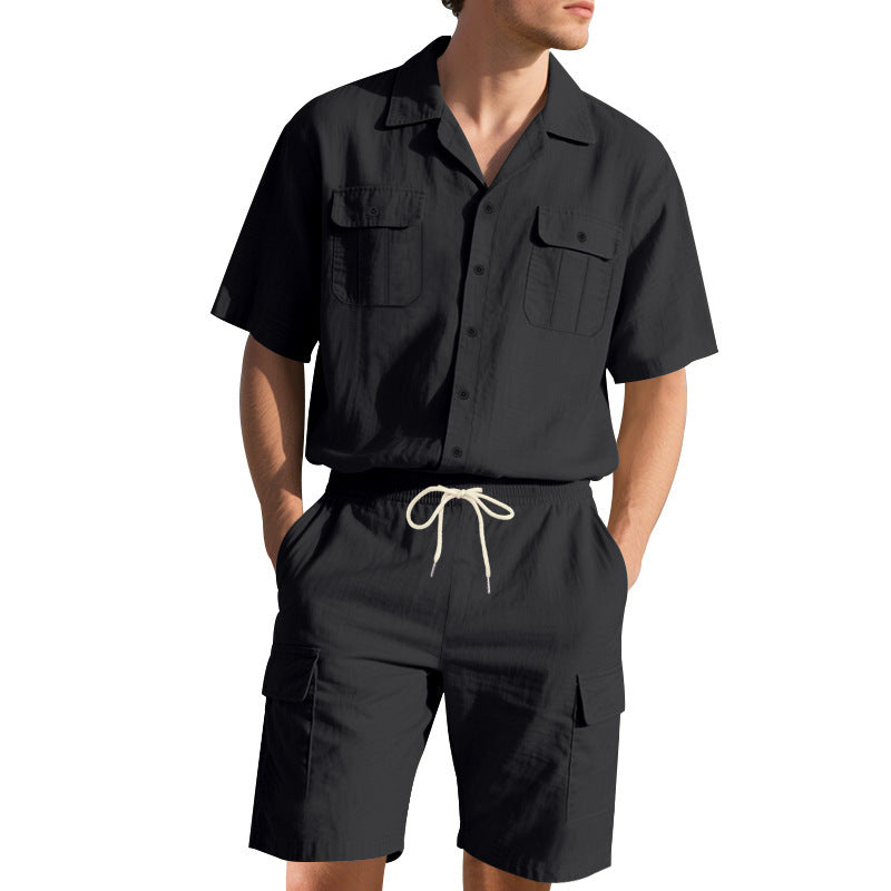 H men's casual short sleeve shirt and chic cargo shorts outfit