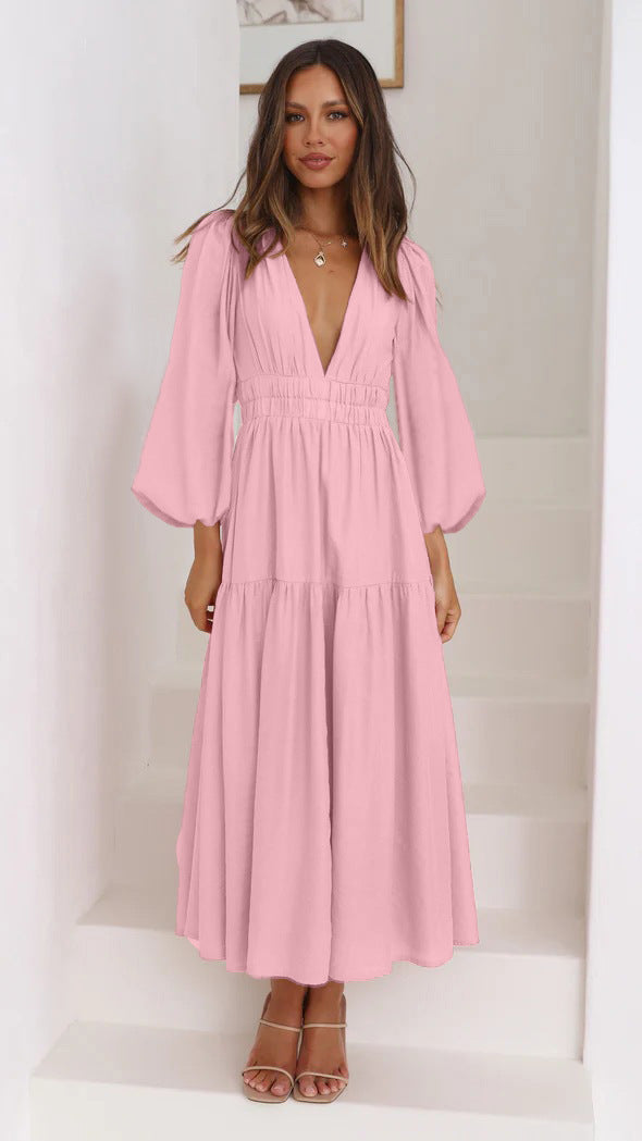 Women's Maxi Dress with Deep V-Neck and Wide Flared Sleeves Lune London