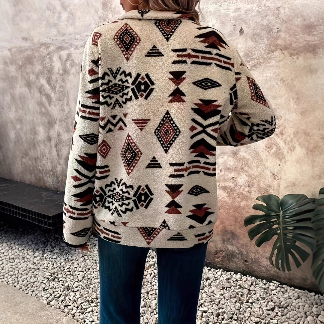 Fleece sweater for women with modern ethnic design and half zipper Lune London