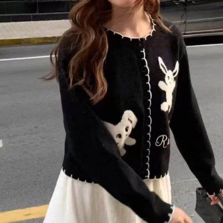 Ladies playful knitted gilet with animal pattern and button details Lune London