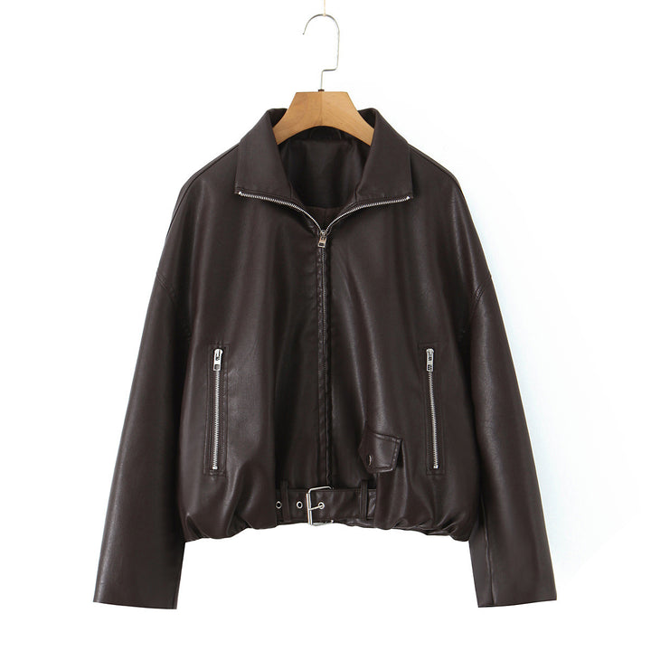 Ladies stylish faux leather jacket with belt Lune London