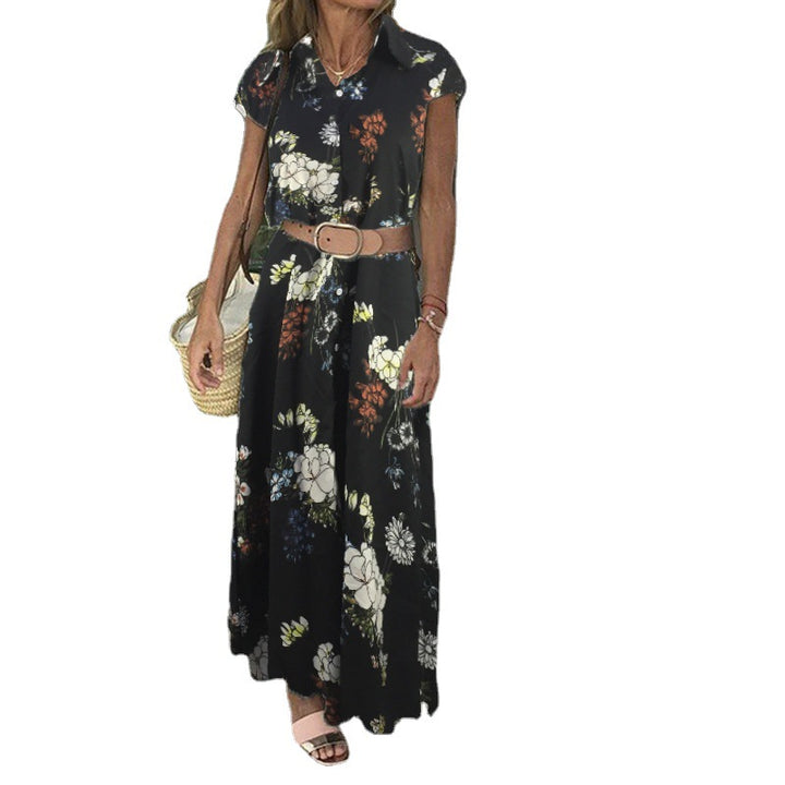 Maxi dress for women with floral pattern and elegant waist belt Lune London