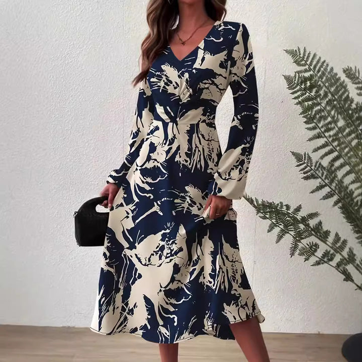 Midi dress for women with floral details and an elegant V neck Lune London