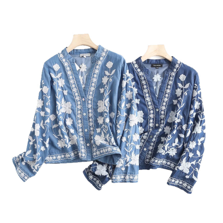 Vintage embroidered blouse for women with elegant collar and snap button closure Lune London