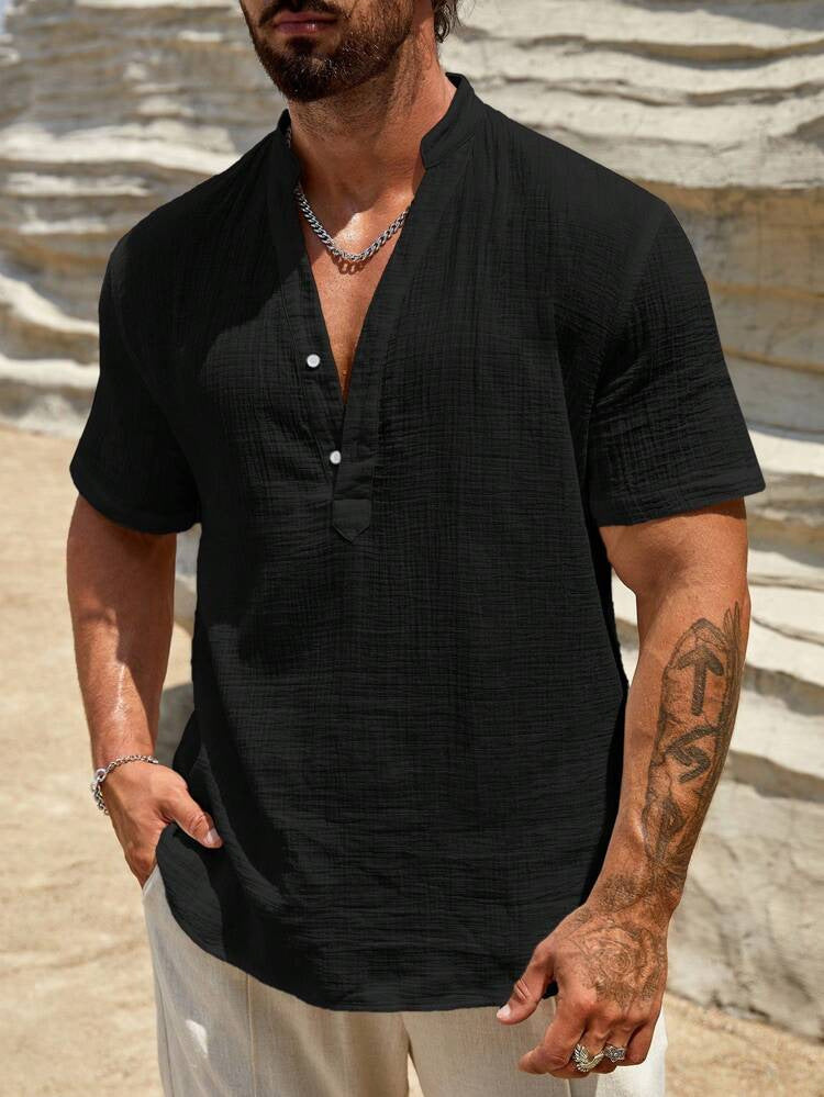 Casual long sleeve shirt for men with stand collar and modern button detail Lune London