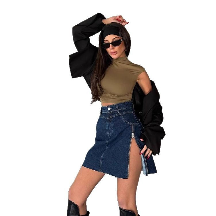 Denim skirt for women with asymmetrical hem and side zipper Lune London