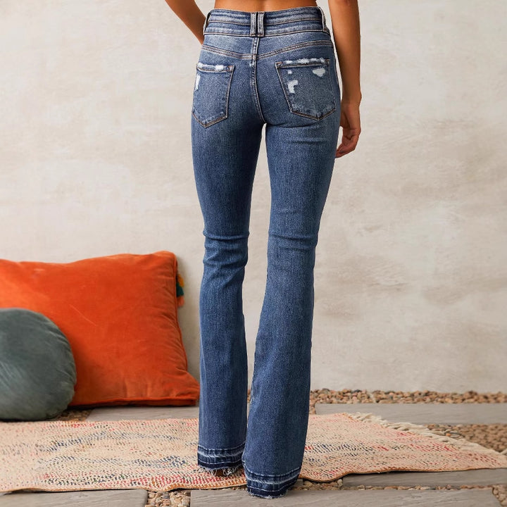 Women's Flared Jeans with High Waist and Fashionable Destroyed Effect Lune London