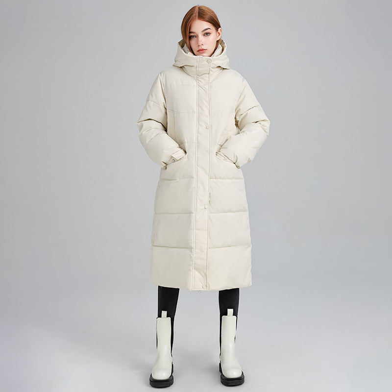 Ladies long insulated winter jacket with hood and zip-up collar Lune London