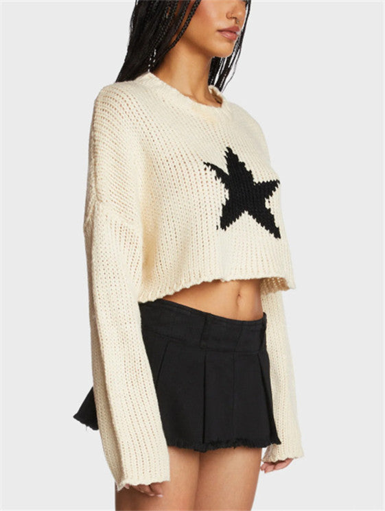 Trendy chunky knit sweater for women with stylish chic star appliqués