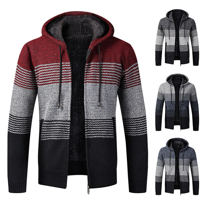 Men's Knitted Sports Hoodie with Decorative Stripes Lune London