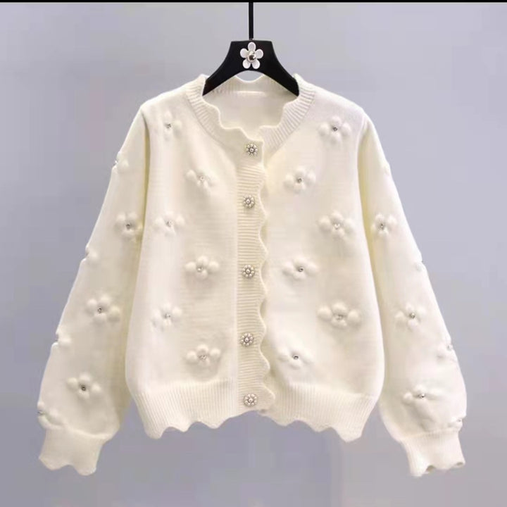 Ladies Loose Knit Vest with Floral Applications and Pearl Buttons Lune London