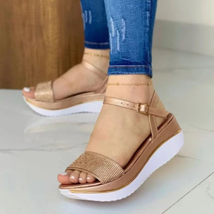 Strappy sandals for women with an elegant crystal ornament and a comfortable wedge sole Lune London