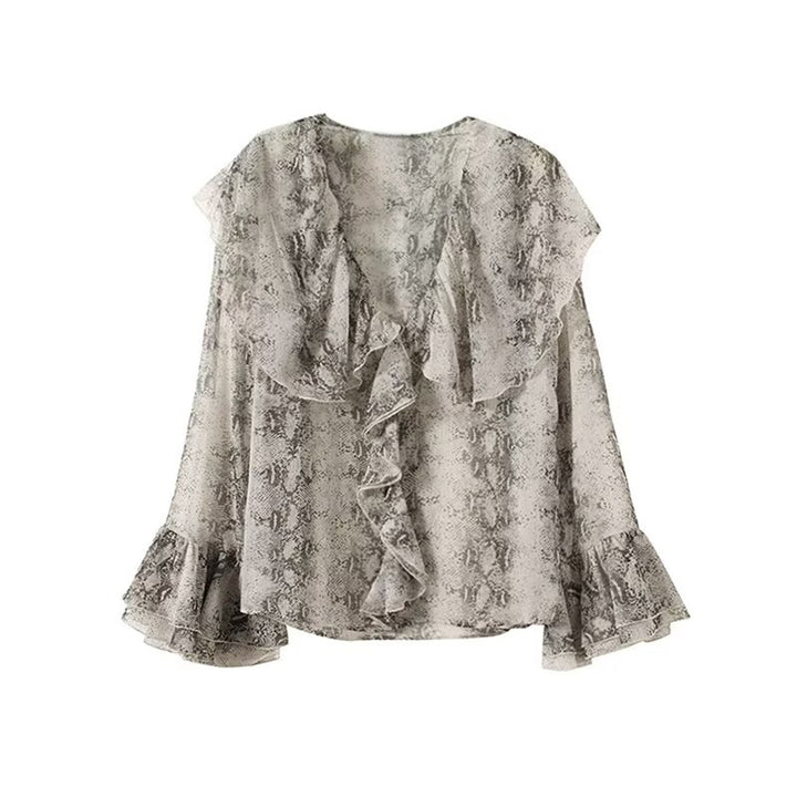 Ladies elegant chiffon blouse with ruffles and snake pattern Lune London