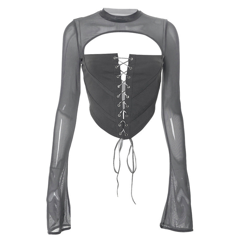 Ladies Elegant top with laced front and transparent sleeves Lune London
