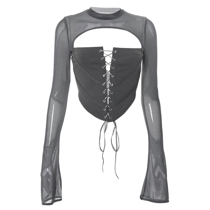 Ladies Elegant top with laced front and transparent sleeves Lune London