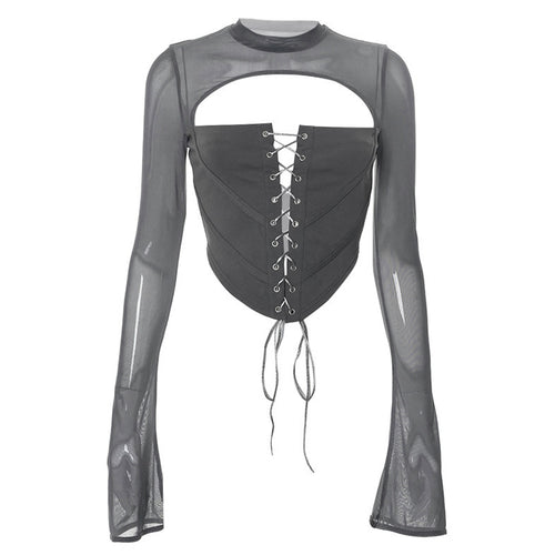 Ladies Elegant top with laced front and transparent sleeves Lune London