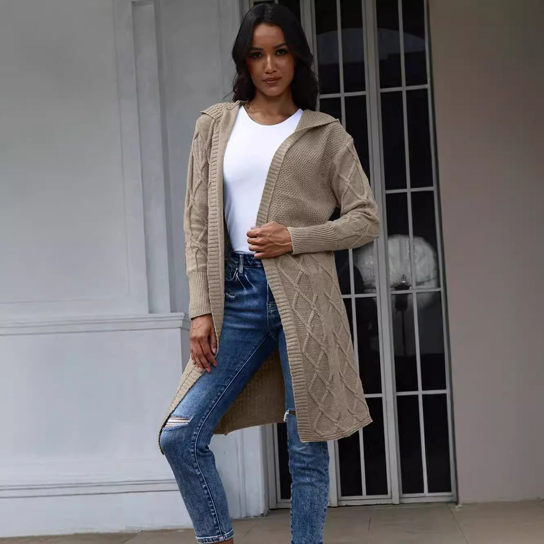 Knitted coat for women with hood and decorative braid design Lune London