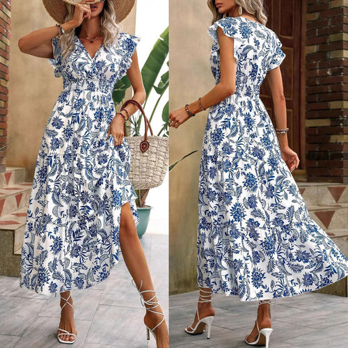 Lune London floral print high slit maxi dress for women