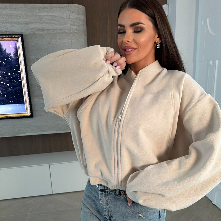 Women's Stylish Fleece Jacket with High Collar and Zipper Chic & Stil