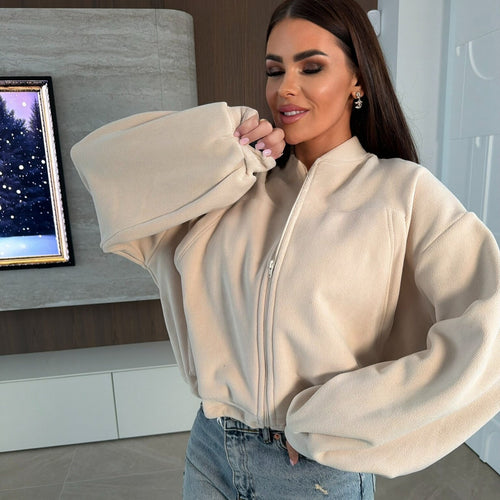 Women's Stylish Fleece Jacket with High Collar and Zipper Chic & Stil