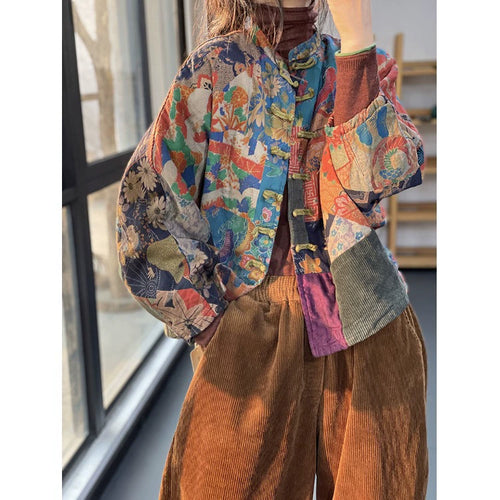 Chic und Stil | Floral High-Collar Linen Coats with Long Sleeves and Pockets