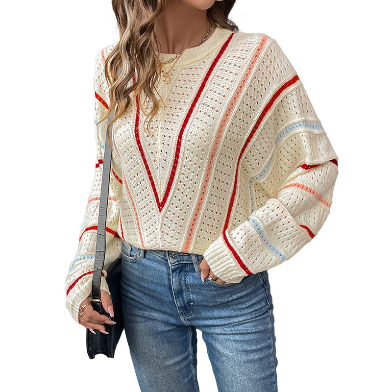 Casual knitted sweater for women with a trendy hole pattern and colorful stripes Lune London
