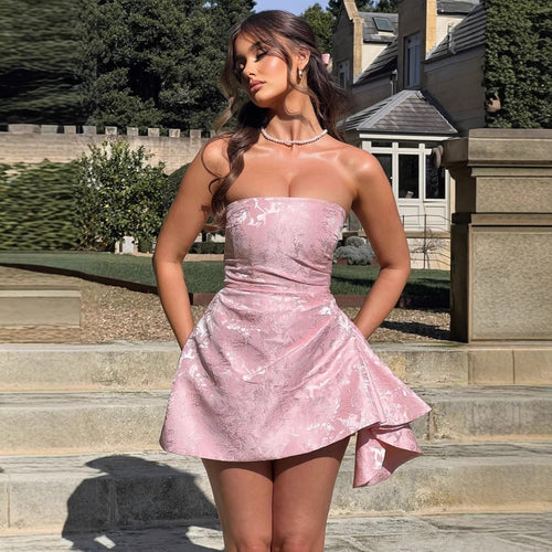 Women Strapless Evening Dress with Asymmetric Hem and Flower-Shaped Design Lune London